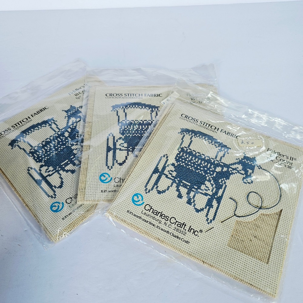 Vintage Charles Craft Fiddler's II Cross Stitch Fabric 18 Count Oatmeal 3pk Lot